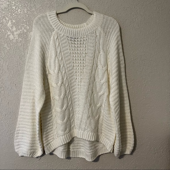 a.n.a women’s balloon sleeve cable knit sweater, Large, snowdrift white - Picture 1 of 8